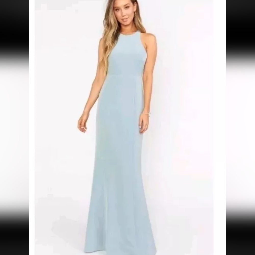 NWT MUMU Sz Small Chicago High Neck Gown Silver Sage Stretch Crepe Dress